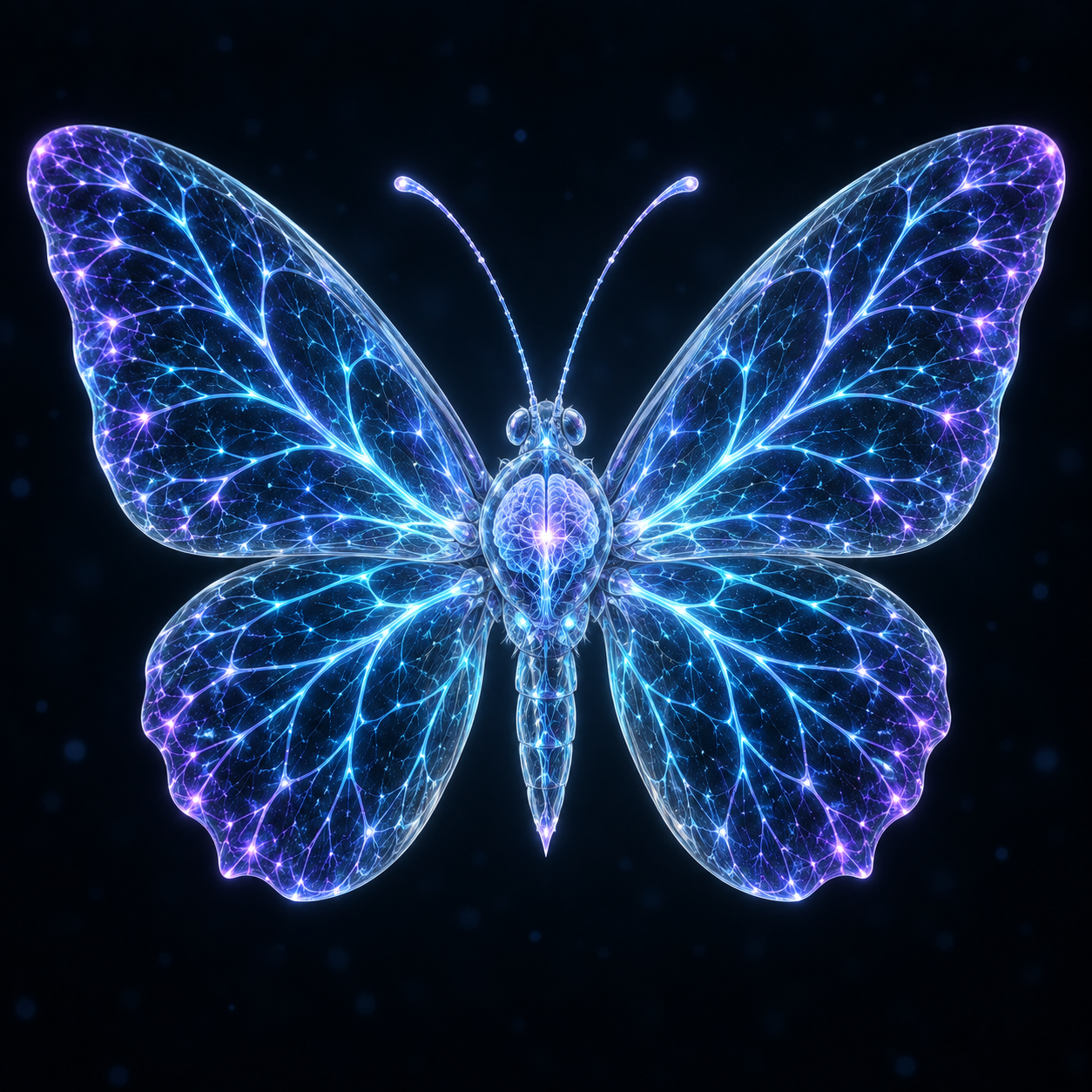 四片半透明蝶翼由电蓝色神经纤维构成，中央可见发光大脑的 EverFly 神经蝴蝶概念形象